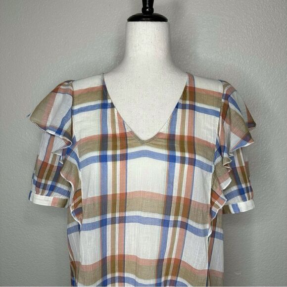 Madewell V-neck Textured Plaid Shoulder-Ruffle Top - Picture 3 of 13